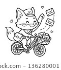 Line drawing illustration of a happy fox mail carrier delivers love letters from bicycle 136280001