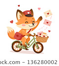 Illustration of a cute fox postman riding a bicycle and delivering love letters on Valentine's Day  136280002