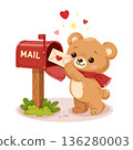 Valentine themed illustration of a teddy bear sends love letter into mailbox  136280003