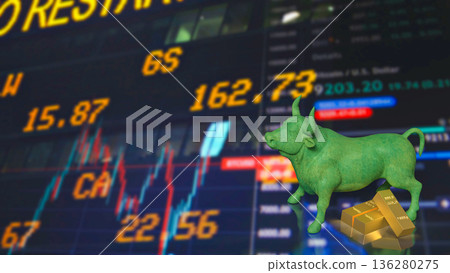 Green Bull Market Symbol With Gold Bars And Rising Stock Chart 3d render. Green Bull Market Symbol With Gold Bars And Rising Stock Chart 3d render. 136280275