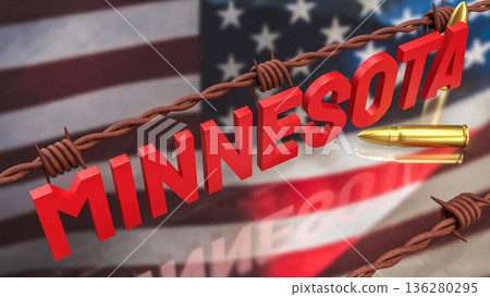 Minnesota State Name with Barbed Wire and Bullet Concept 3d render. Minnesota State Name with Barbed Wire and Bullet Concept 3d render. 136280295
