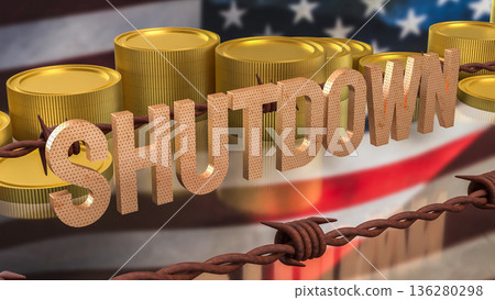 Government Shutdown Concept with Barbed Wire and United States Flag 3d render. 136280298