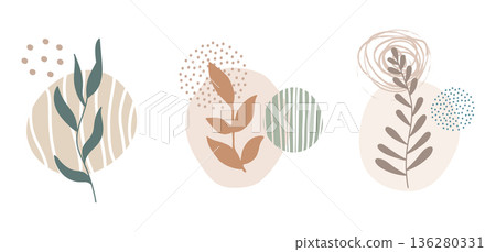 Graphic vector illustration with abstract tropical leaves and spots Graphic vector illustration with abstract tropical leaves and spots 136280331