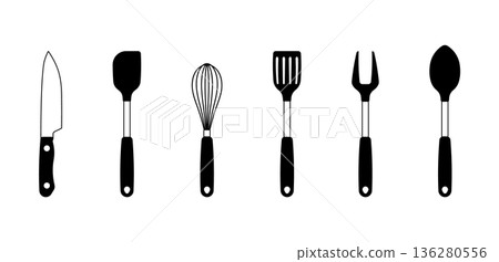 Set of black and white kitchen utensil icons without background. 136280556