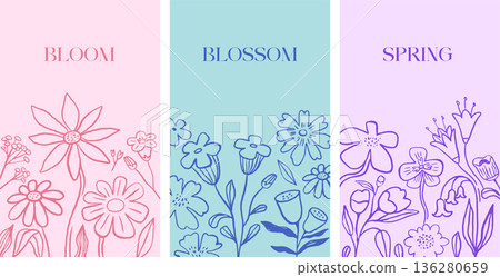 Vintage hand drawn floral print and poster templates collection. Vertical card backgrounds set. Vintage hand drawn floral print and poster templates collection. Vertical card backgrounds set. 136280659