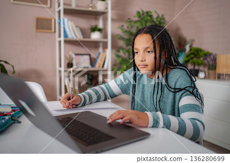 Young girl learning online from home with laptop and pencil Young girl learning online from home with laptop and pencil 136280699