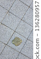 Camino de santiago journey symbolized by shell marker on pavement 136280957
