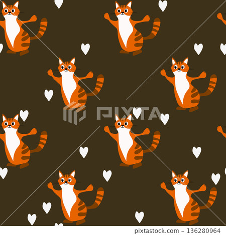 Seamless pattern with funny cute kittens. Different cats on color background. Fashion print for kids, childish texture. Vector illustration for fabric, textile, wallpaper, home clothing, pajama 136280964