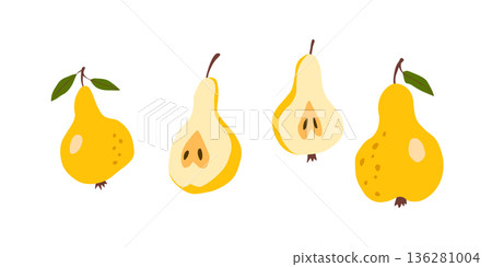 Pear isolated on white background. Natural delicious fresh ripe tasty fruit. Sweet pears with leaves. Food concept. Vector illustration for design Pear isolated on white background. Natural delicious fresh ripe tasty fruit. Sweet pears with leaves. Food concept. Vector illustration for design 136281004