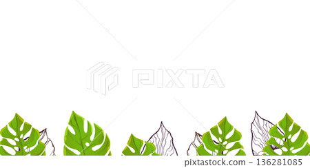 Floral frame with colorful exotic branches on white background. Ornate border with tropic leaves. Vector stock illustration for wallpaper, posters, card. Doodle style. Copy space Floral frame with colorful exotic branches on white background. Ornate border with tropic leaves. Vector stock illustration for wallpaper, posters, card. Doodle style. Copy space 136281085