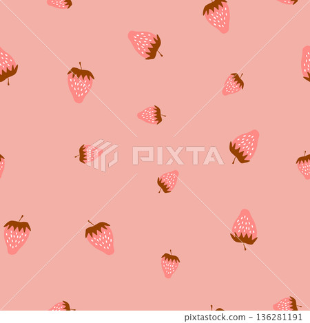 Seamless pattern with strawberry on color background. Natural delicious fresh ripe tasty fruit. Vector illustration for print, fabric, textile, banner, other design. Food concept Seamless pattern with strawberry on color background. Natural delicious fresh ripe tasty fruit. Vector illustration for print, fabric, textile, banner, other design. Food concept 136281191