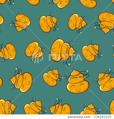 Seamless pattern with kawaii poop on color background. Cartoon poo, feces icons. Shit patterns, evil turd. Vector illustration for invitation, poster, card, fabric, textile. Doodle style Seamless pattern with kawaii poop on color background. Cartoon poo, feces icons. Shit patterns, evil turd. Vector illustration for invitation, poster, card, fabric, textile. Doodle style 136281233