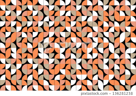 Color bauhaus style seamless pattern. Modern ornament with grid and tile geo squares, semicircles and half-circles. Abstract geometric retro background for cloth, card, textile, fabric Color bauhaus style seamless pattern. Modern ornament with grid and tile geo squares, semicircles and half-circles. Abstract geometric retro background for cloth, card, textile, fabric 136281238