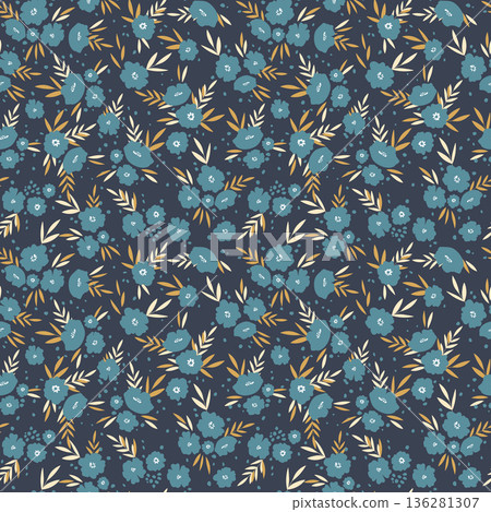 Seamless floral pattern based on traditional folklor art ornaments. Colorful flowers on color background. Scandinavian style. Sweden nordic style. Vector illustration. Simple minimalistic pattern. Seamless floral pattern based on traditional folklor art ornaments. Colorful flowers on color background. Scandinavian style. Sweden nordic style. Vector illustration. Simple minimalistic pattern. 136281307