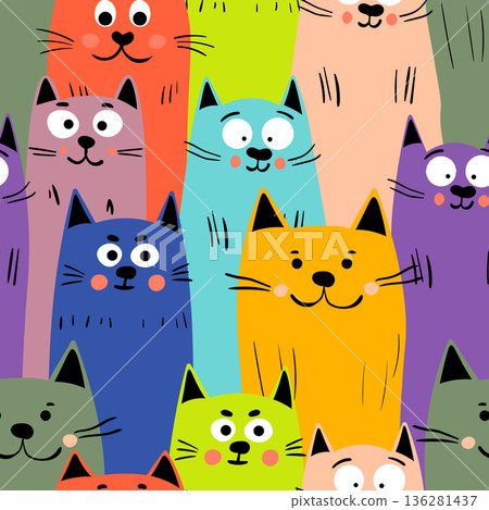Seamless pattern with cute kitten print. Different scandy cats on color background. Scandinavian style illustration for kids. Vector illustration for fabric, textile, wallpaper, home clothing, pajama 136281437