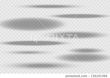 Different realistic round shadow, soft shapes on transparent background. Gray circular and ellipse shadows set. Vector illustration 136281466