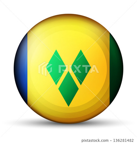 Glass light ball with flag of Flag of Saint Vincent and the Grenadines. Round sphere, template icon. Caribs islands national symbol. Glossy realistic ball, 3D abstract vector illustration. Big bubble 136281482