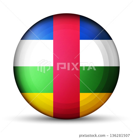 Glass light ball with flag of Central African Republic. Round sphere, template icon. CAR national symbol. Glossy ball, 3D abstract vector illustration highlighted on a white background. Big bubble Glass light ball with flag of Central African Republic. Round sphere, template icon. CAR national symbol. Glossy ball, 3D abstract vector illustration highlighted on a white background. Big bubble 136281507
