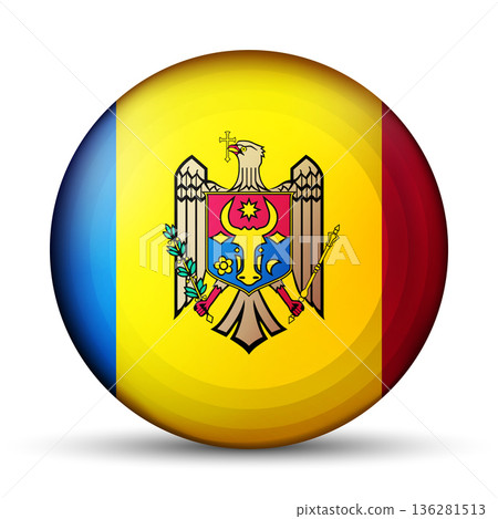 Glass light ball with flag of Moldova. Round sphere, template icon. Moldavian national symbol. Glossy realistic ball, 3D abstract vector illustration. Big bubble 136281513