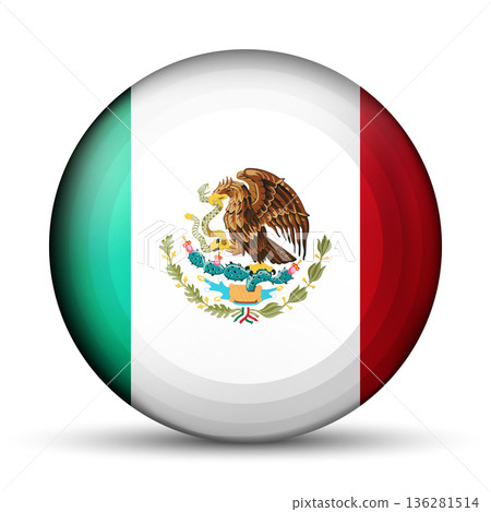 Glass light ball with flag of Mexico. Round sphere, template icon. Mexican islands national symbol. Glossy realistic ball, 3D abstract vector illustration. Big bubble Glass light ball with flag of Mexico. Round sphere, template icon. Mexican islands national symbol. Glossy realistic ball, 3D abstract vector illustration. Big bubble 136281514
