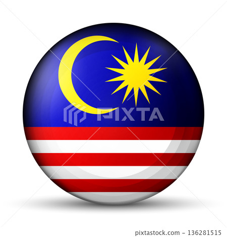 Glass light ball with flag of Malaysia. Round sphere, template icon. Malaysian islands national symbol. Glossy realistic ball, 3D abstract vector illustration. Big bubble Glass light ball with flag of Malaysia. Round sphere, template icon. Malaysian islands national symbol. Glossy realistic ball, 3D abstract vector illustration. Big bubble 136281515