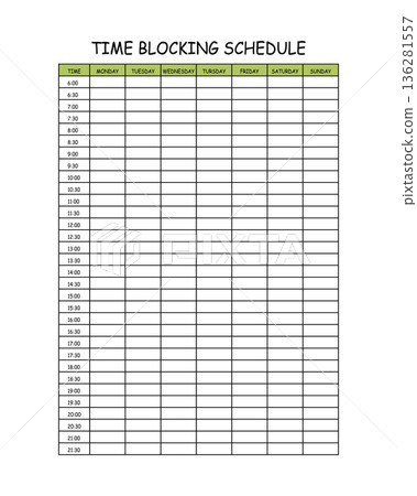 24 Hourly Weekly Schedule - Monday Start. Mockup for daily scheduling and time management. 30-minute increment hourly planner templates. Time Planner 24 Hourly Weekly Schedule - Monday Start. Mockup for daily scheduling and time management. 30-minute increment hourly planner templates. Time Planner 136281557