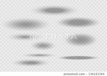 Different realistic round shadow, soft shapes on transparent background. Gray circular and ellipse shadows set. Vector illustration Different realistic round shadow, soft shapes on transparent background. Gray circular and ellipse shadows set. Vector illustration 136281564
