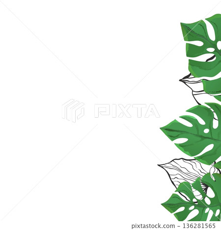 Floral frame with colorful exotic branches on white background. Ornate border with tropic leaves. Vector stock illustration for wallpaper, posters, card. Doodle style. Copy space Floral frame with colorful exotic branches on white background. Ornate border with tropic leaves. Vector stock illustration for wallpaper, posters, card. Doodle style. Copy space 136281565