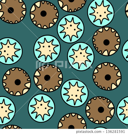 Seamless pattern with geometric aboriginal ornament. Ethnic tribal rounded color background. Afican, australian motiph. Dots painting. Vector illustration, template design for cloth, card, fabric 136281591