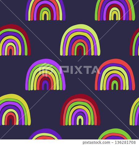 Trendy seamless pattern with colorful rainbow on color background. Design for invitation, poster, card, fabric, textile, fabric. Cute holiday illustration for baby. Scandinavian doodle style Trendy seamless pattern with colorful rainbow on color background. Design for invitation, poster, card, fabric, textile, fabric. Cute holiday illustration for baby. Scandinavian doodle style 136281708