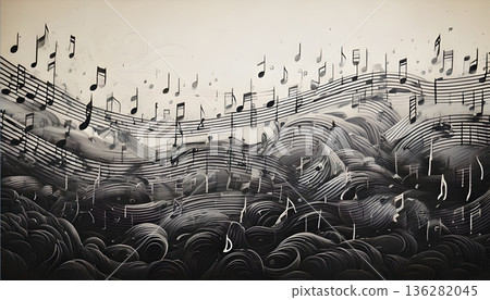 背景是許多單色音符在樂譜上舞動。 136282045
