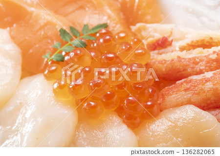 Hokkaido salmon roe marinated in soy sauce - a close-up of the shiny fresh fish roe 136282065