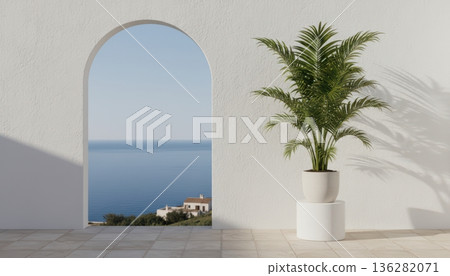Minimalist Arch View To Mediterranean Sea. AI Generated 136282071