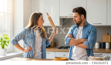 Couple Arguing In Kitchen Over Burnt Cake. AI Generated 136282072