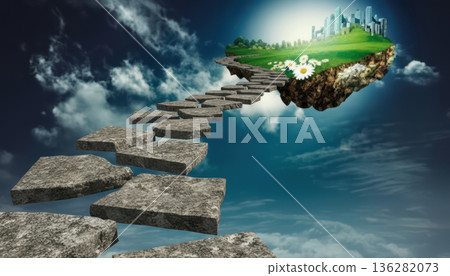 Stone Stepping Path Leading To Floating Green City Island. AI Generated 136282073