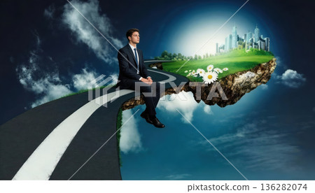 Businessman Sitting On Road To Floating Green City. AI Generated 136282074