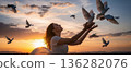 Woman Releasing White Doves At SunsetAI Generated 136282076