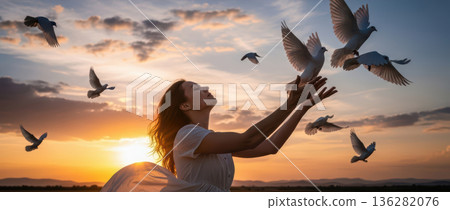 Woman Releasing White Doves At SunsetAI Generated 136282076