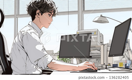 一位商務人士正在辦公室的辦公桌前使用電腦工作。 136282405