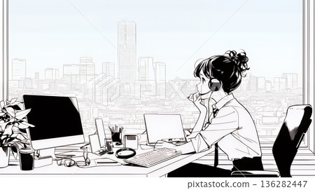 一位女商人正在辦公桌前使用電腦（顏色簡潔） 136282447