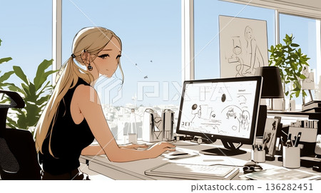 A businesswoman working at a computer at her desk (simple colors) 136282451