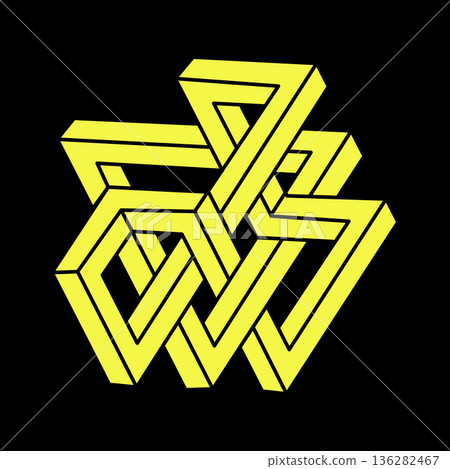 Optical illusion figure. Impossible shape. Sacred geometry. Abstract eternal geometric objects. Impossible endless outline shape. Op art. Impossible geometry shape on a black background. Escher style. 136282467