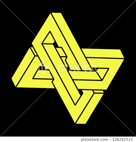 Optical illusion. Impossible shapes. Sacred geometry. Abstract eternal geometric object. Impossible endless outline. Optical art. Impossible geometry symbol on a black background. Escher style. 136282525
