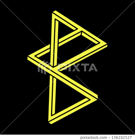 Optical illusion. Impossible shapes. Linear infinite object. Abstract eternal geometric figure. Impossible geometry sign outline, black background. Optical art. Escher paradox. Optical illusion. Impossible shapes. Linear infinite object. Abstract eternal geometric figure. Impossible geometry sign outline, black background. Optical art. Escher paradox. 136282527