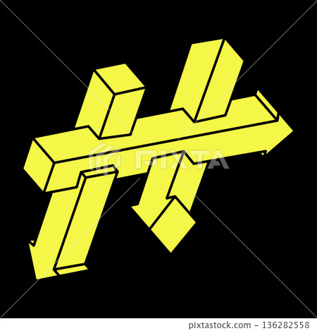 Optical illusion objects. Impossible shape. Arrows isolated on a black background. Vector illustration. Optical art. Unreal geometric figures. Escher paradox. Optical illusion objects. Impossible shape. Arrows isolated on a black background. Vector illustration. Optical art. Unreal geometric figures. Escher paradox. 136282558