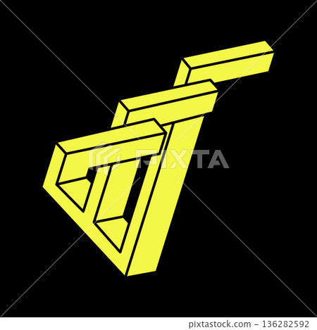 Optical illusion objects. Impossible shapes. Geometry. Escher paradox. Line design. Isolated on a black background. Vector illustration. Optical art. Optical illusion objects. Impossible shapes. Geometry. Escher paradox. Line design. Isolated on a black background. Vector illustration. Optical art. 136282592