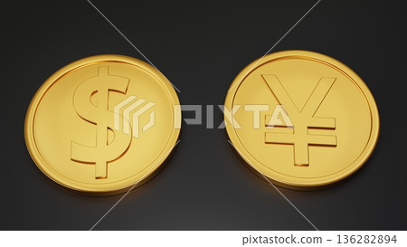 金色美元和日元硬幣排列在黑色背景上，3D 插圖 136282894