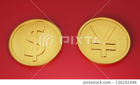 美元和日元硬幣排列在紅色背景上，經濟圖。 136282896