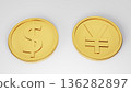 Dollar and yen gold coins arranged on a white background 136282897