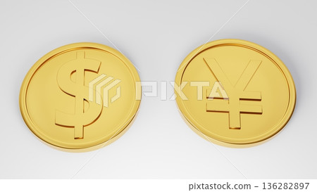 Dollar and yen gold coins arranged on a white background 136282897